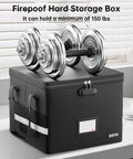 Fireproof Doc Box With Lock For 5200F Heat Insulation under dumbbells, black, showing sturdy design and weight capacity.