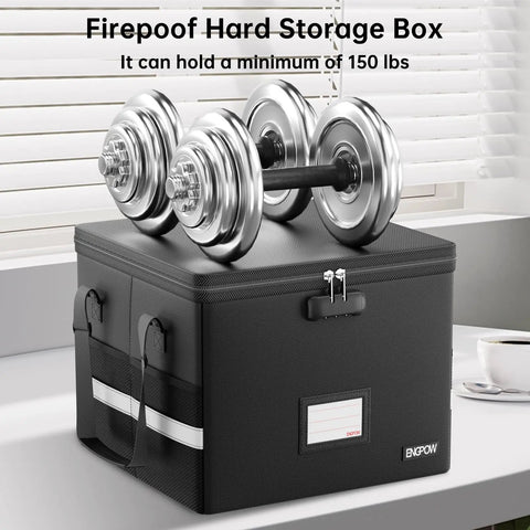 Fireproof Doc Box With Lock For 5200F Heat Insulation under dumbbells, black, showing sturdy design and weight capacity.