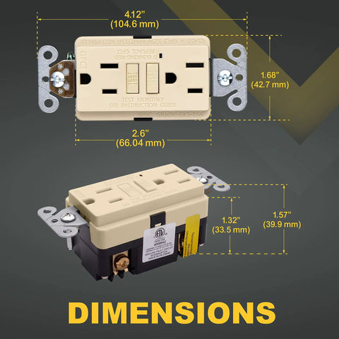 Dimensions of 15 Amp GFCI Outlets With LED Indicator And Self Test For Easy No Fuss Install Slim Duplex Receptacles 125V 1875W Ivory