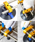 Front view: two-piece HIGHTOP stone seam setter with yellow clamps, stainless rods, and vacuum suction base.
Side view: yellow clamp with dual stainless rods and blue suction cup base.
Close-up: gloved hand adjusting blue block on yellow seam setter with stainless rods.
Installed view: clamps secured to stone with vacuum bases and adjustment screw.