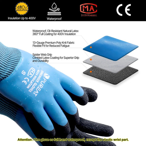 Heavy Duty Insulated Electrical Work Gloves Featuring Beefy 400V High Voltage Shock Protection Plus No Fuss Waterproof Oil Resistant Coating For Your Daily Grind Construction Jobs with latex grip detail and waterproof coating.