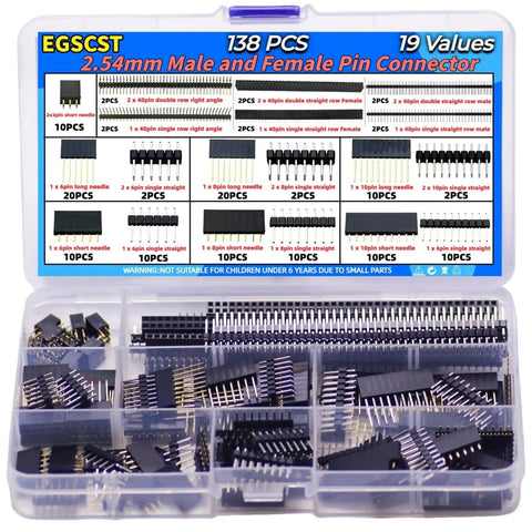 138 Piece 2.54mm Pin Header Kit With Male And Female Connectors, labeled plastic case with assorted headers for Arduino prototyping.