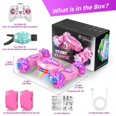 Pink Gesture Sensing RC Stunt Car With Hand Control And Remote 360 Degree Rotating 4WD 2 4GHz RC Toy with box and accessories