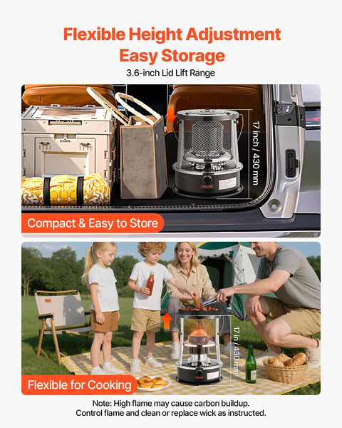 9000 BTU Kerosene Heater And Stove 2 In 1 Non Electric Indoor Outdoor Heater with adjustable height and flame control in car and camping setup