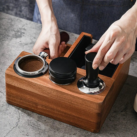 Heavy Duty Solid Walnut Espresso Tamper Station With Integrated Knock Box And Filter Cup Non Slip Base Straight Up Barista Gear in use.
