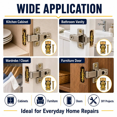 Wide application of 6x14mm Short Expansion Screw Set For Stripped Cabinet Hinge Holes on various furniture and doors.