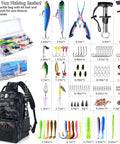 Fishing Backpack Sling Bag With Built In 139 Piece Tackle Kit And Rod Holder 24L Black Camo Gear Bag with lures and tools