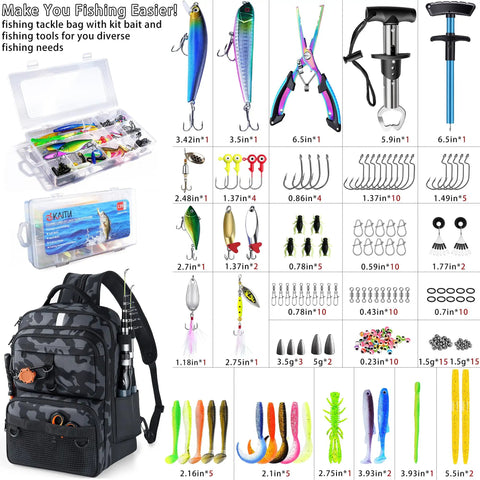 Fishing Backpack Sling Bag With Built In 139 Piece Tackle Kit And Rod Holder 24L Black Camo Gear Bag with lures and tools