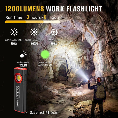 Explorer using E1 1200 Lumen Dual Light Flashlight With Magnetic Flat EDC Design, Ultra Bright LED Spotlight And COB Floodlight in cave.