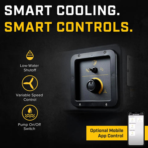 Control panel features for Heavy Duty Portable Swamp Cooler With Killer 36 Inch Fan And 46 Gallon Tank, showing variable speed and low-water shutoff.