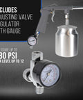 Shop Grade Pneumatic Undercoating Spray Gun With Dead On Air Regulator And Bulk 25 Oz Suction Cup showing adjustable pressure gauge.