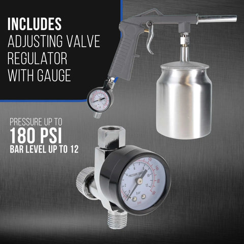 Shop Grade Pneumatic Undercoating Spray Gun With Dead On Air Regulator And Bulk 25 Oz Suction Cup showing adjustable pressure gauge.