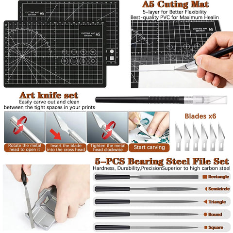 66-piece 3D printer tool kit collage: A5 cutting mat, craft knife with blades, and 5-piece bearing steel files.
