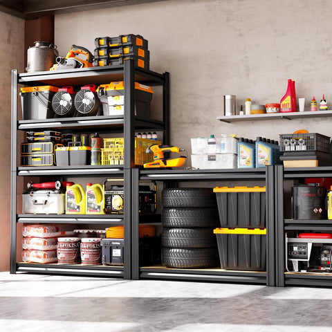 Beefy Heavy Duty Five Tier Garage Shelving Unit With Adjustable Metal Shelves 2050 Lbs Total Capacity stocked with tools and supplies
