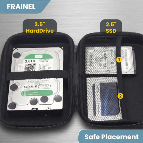 Kickass Carbon Fiber Texture Shockproof Sleeve For 3.5 Inch Hard Drives And M.2 SSDs Ultra Lightweight Tactical Organizer Case showing 3.5" hard drive and 2.5" SSD.