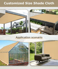 8x12 Ft Sun Shade Cloth With Grommets For Pergola Patio Outdoor, 95 Percent UV Protection in sand color installed in different settings