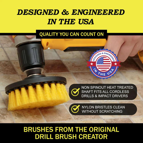 Power Scrub Drill Brush Attachment Set For Bathroom Tile Grout Cleaning on cordless drill, nylon bristles, 1/4 in shaft