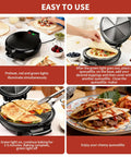 Novalife Electric Quesadilla Maker 9.5 Inch Press preheating with red and green lights on, showing tortilla preparation.