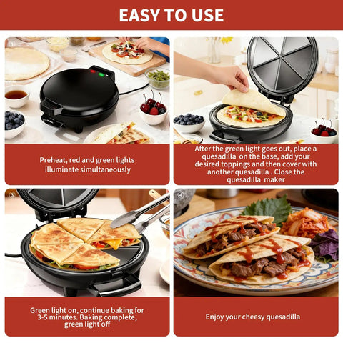 Novalife Electric Quesadilla Maker 9.5 Inch Press preheating with red and green lights on, showing tortilla preparation.