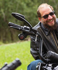 Close-up of Beefy Heavy Industry Motorcycle Grips with end caps on Harley-Davidson, satin black, 2008-2019 model.