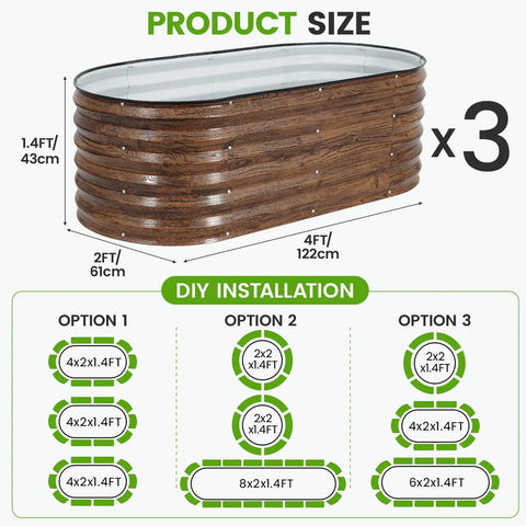 Olive Green Three Piece Raised Garden Bed Kit With 17 Inch Tall Planter Boxes For Deep Root Plants Outdoors 4 By 2 By 1.4 Feet Includes Rubber Strip For Veggies Fruits Flowers, image showing product size and installation options