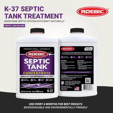 Dual-pack K-37 septic tank treatment bottles with label description for septic system maintenance.