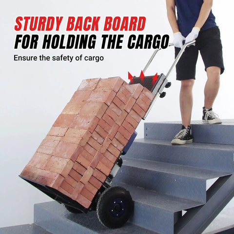 XSTO 550 Lb Capacity Electric Dolly Stair Climber carrying bricks up stairs with sturdy back board for cargo safety.