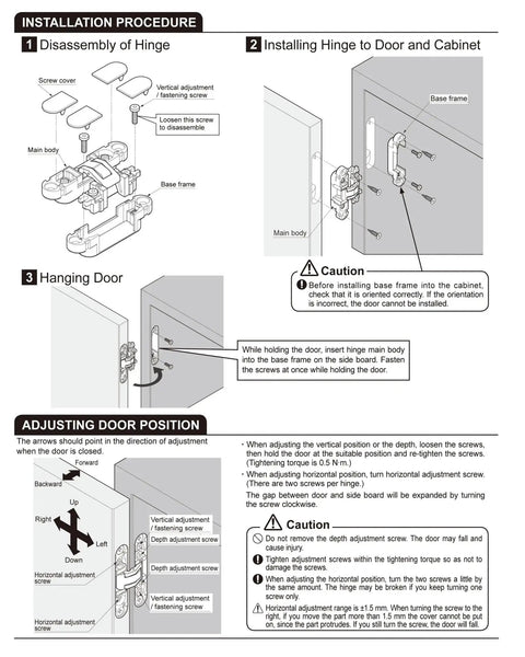 Installation guide for Chrome Adjustable Concealed Invisible Cabinet Hinge HES3D70, showing disassembly and door mounting.