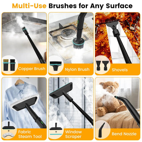 Multi-use brushes for Upgraded Handheld Steam Cleaner 1.9Qt, including copper, nylon, fabric steam tool, and window scraper.