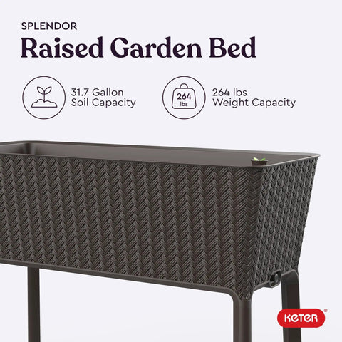 Splendor 31.7 Gallon Raised Garden Bed With Self Watering Planter Box And Drainage Plug, brown, weather resistant, close-up view