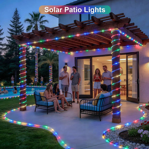 Outdoor 200 LED Solar Rope Lights, 66ft IP65 Waterproof Trampoline and Garden Decor illuminating a backyard patio at night