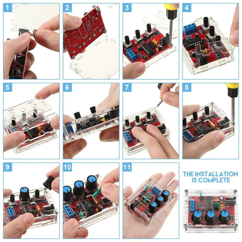 Step-by-step assembly of XR2206 Precise Function Signal Generator Module Pro Grade DIY Kit with sine, square, and triangle outputs.