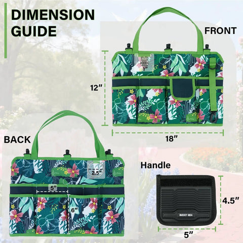 Five-Gallon Bucket Tool Organizer With 18 Pocket Garden Caddy And Hangable Handle For Easy Yard Cleanup, front and back view with dimensions.