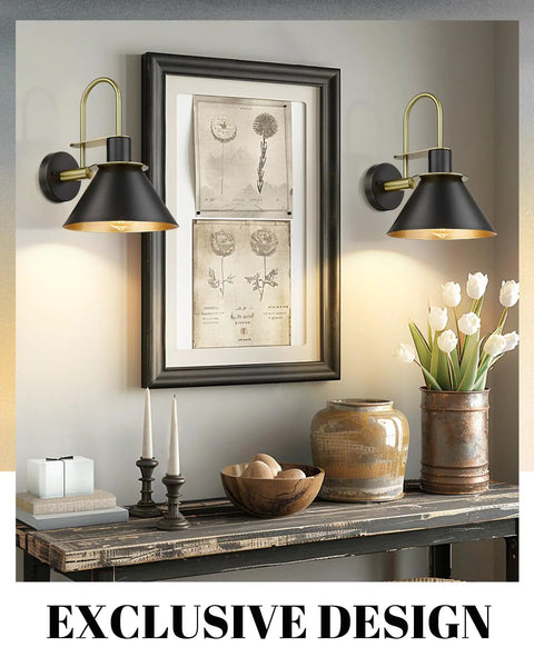 Set Of 2 Industrial Wall Sconce Lights Modern 1 Light Vanity Fixtures in matte black over a decorated table