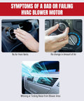 Symptoms of a failing HVAC blower motor in Ford Lincoln vehicles with no air, airflow change, or noise, requiring replacement.
