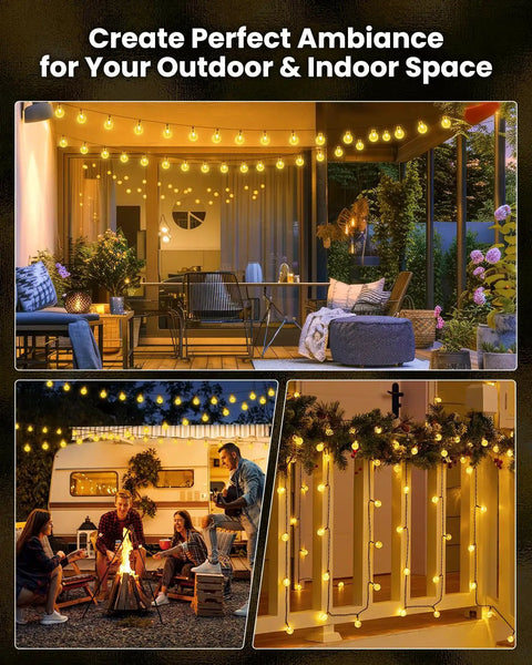 Outdoor 60 LED Globe String Lights Solar Powered 36 Ft with 8 Lighting Modes Waterproof illuminating patio and garden.