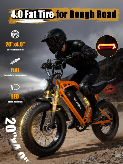Electric Dirt Bike For Adults 1300W Peak Power 52 Volt 21Ah Battery Up To 32 MPH On 20X4 Fat Tires, orange bike on rocky trail