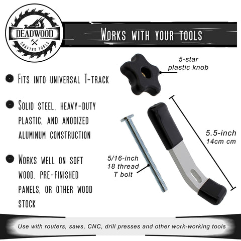 T Slot Clamp Set With Five Sixteenth Inch T Bolt Hold Down Clamps, Double Track Clamp Kit showing components and dimensions.