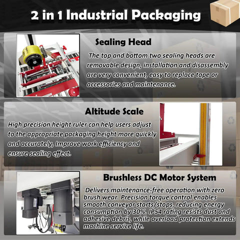 Auto Carton Sealing And Strapping Machine 2-In-1 Industrial Box Packaging Tapper With Polypropylene Strap Winder Adjustable 120-500 Mm Width showing sealing head and altitude scale.