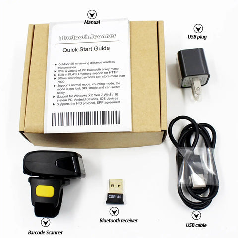 Finger Worn Ring Barcode Scanner For 1D And 2D Codes, Mini Wearable Reader On The Go That Scans QR PDF417 DataMatrix From Screen Or Paper, 2 4G Wireless And Bluetooth Four Point Zero, Compatible With Windows Mac OS Android iOS