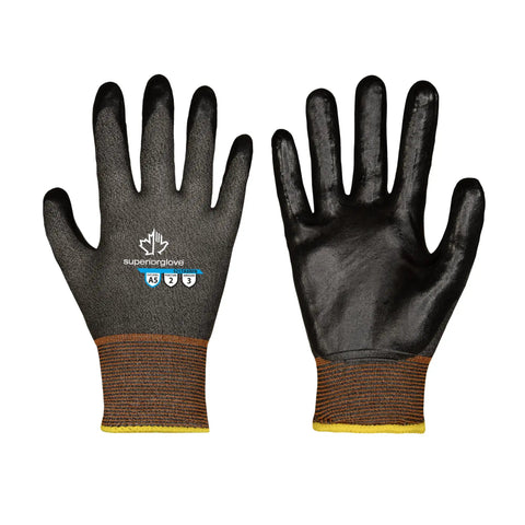 Cut Resistant Work Gloves For Men And Women With Ultra Thin Dexterity And Touchscreen Friendly Foam Nitrile Palm Coating ANSI A5 Protection TenActiv Knit Liner 12 Pairs X Large, front and back view.