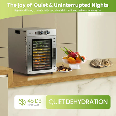 Top Shelf Food Dehydrator Machine With Twelve Stainless Steel Trays And Digital Timer For No Sweat Drying From 68 To 194 Fahrenheit on kitchen counter.