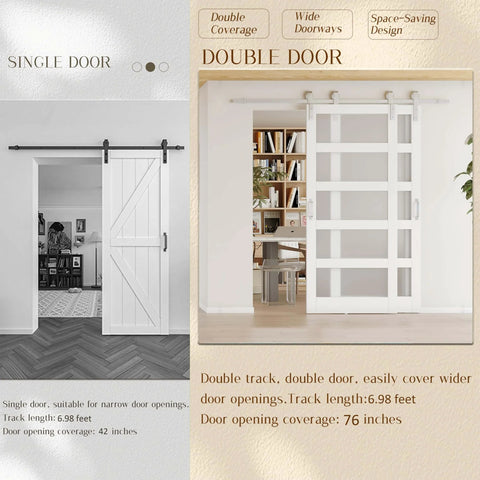 84 Inch By 84 Inch Sliding Bypass Barn Door Set With Six Point Nine Eight Foot Silver Hardware Kit Double Five Panel Frosted Glass Doors MDF Construction DIY Painted White Space Saving Easy Install Modern Room Divider installed in a room.