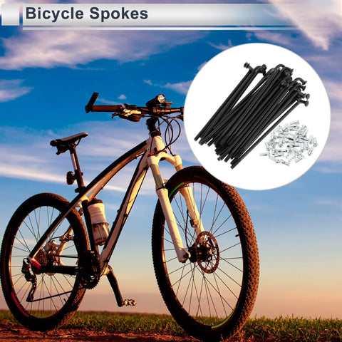 Universal Bicycle Spokes Kit 12G 82mm Length Black Carbon Steel With 36 Spokes And 36 Nipples For Wheel Replacement shown with bike