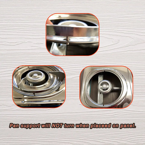 Close-up of pan support on Two Burner Portable Propane Stove With Auto Ignition 20000 BTU Stainless Steel Outdoor Cooktop