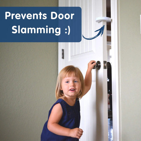 Child playing near Soft EVA Foam Finger Pinch Guard Door Stopper 4 Pack Easy C Shape Baby Proofing Guard That Fits Any Door