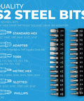 29 S2 steel bits for 33 Piece Ratcheting Screwdriver Kit displayed on a blue background, showcasing various sizes for gunsmithing.
