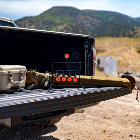 Heavy Steel Pellet Gun Target For Outdoor Shooting Practice Backyard Resetting Target 22 And 177 Caliber on truck bed