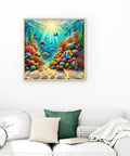 Ocean View 5D DIY Diamond Painting Kit For Adults And Newbies, vibrant underwater coral reef art on wall above a couch.
