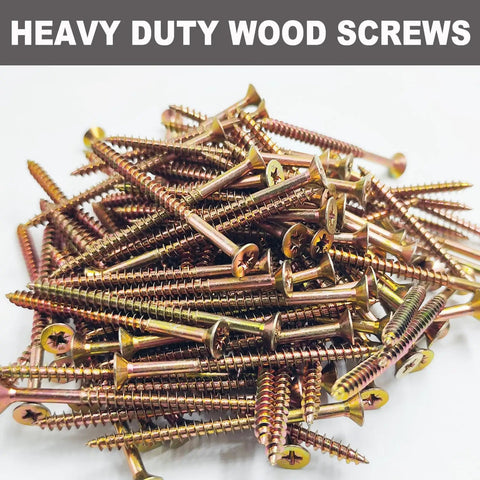Beefy Heavy Duty Self Tapping Wood Screws 3 Inch Size 10 Flat Head Phillips 100 Piece Kit Galvanized Carbon Steel Brass Finish Deck And Wood Panel Screws For Quick Durable Woodwork, pile of gold screws